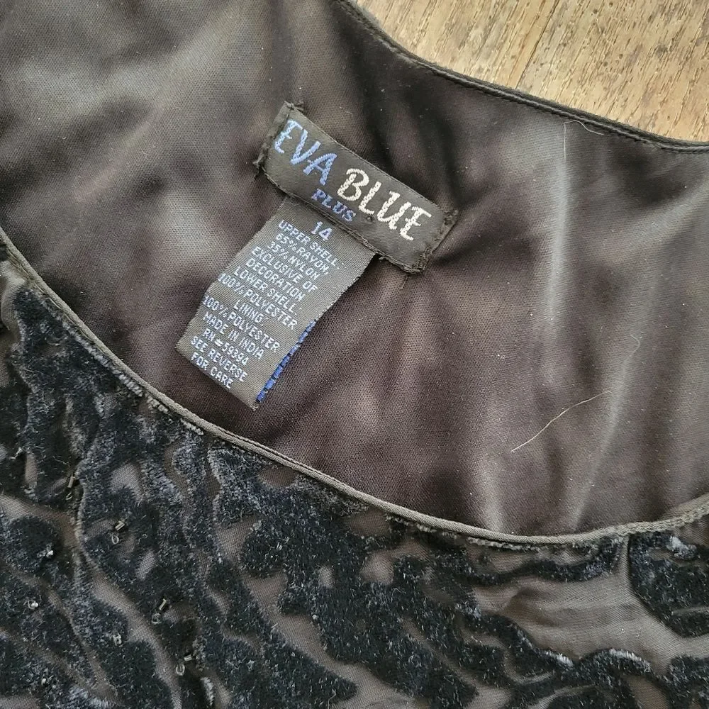 Eva Blue Plus Black Layered Paisley Gem Evening Dress, New with Tags,